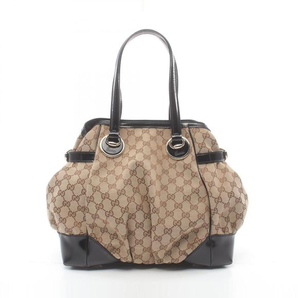 Gucci GG Canvas Tote Bag Patent Leather Beige Black - Picture 1 of 9